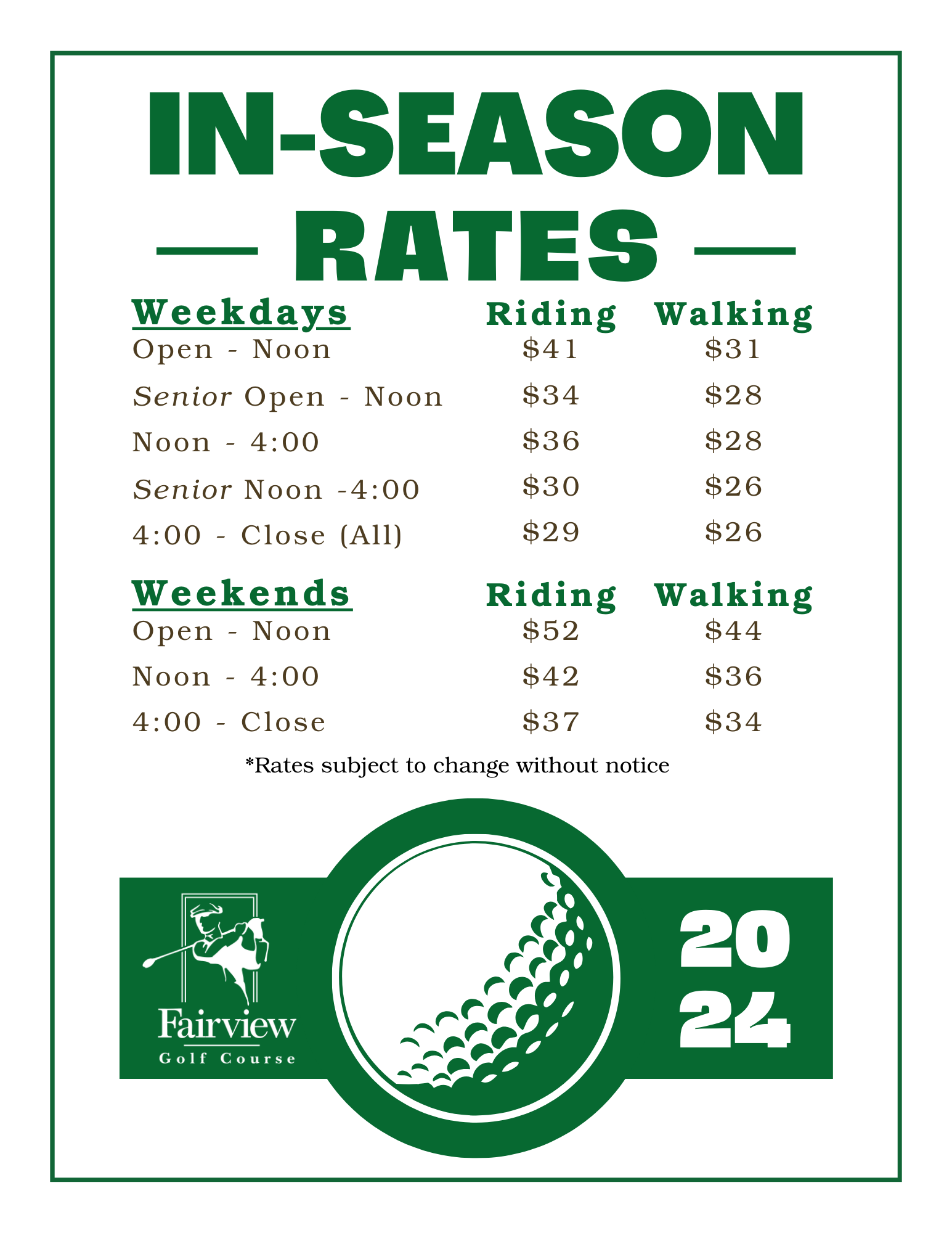 Rates + Fees Fairview Golf Course Rates + Fees Fairview Golf Course